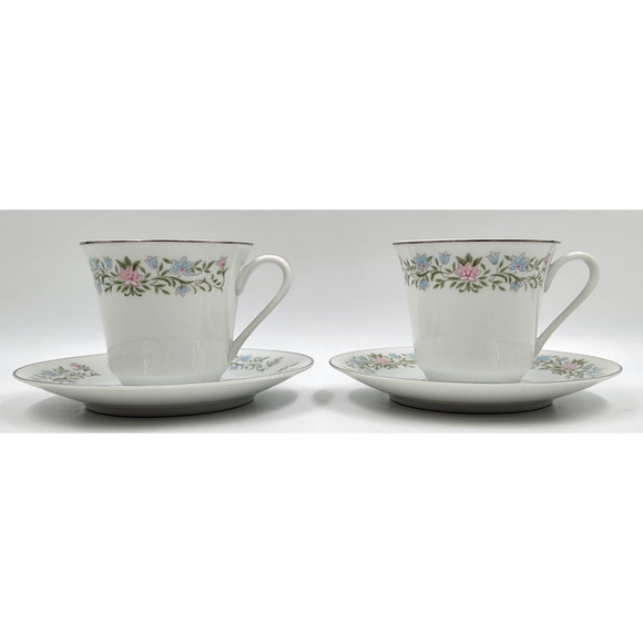 Eileen Cotillion Cup & Saucer Japan Floral Pink Blue Platinum Trim Set of 2 - Picture 5 of 14